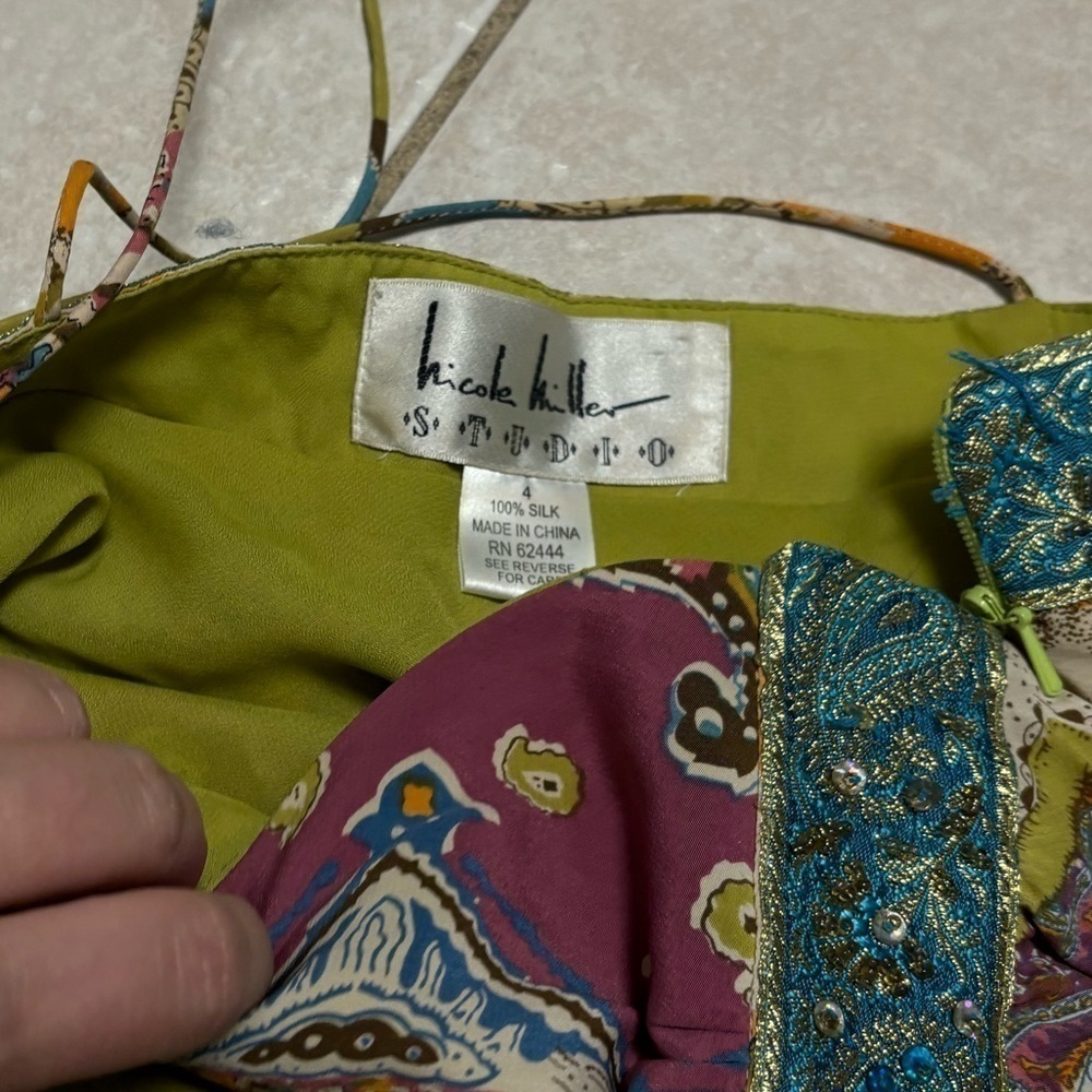 Nicole Miller Size 4 Silk Spaghetti Strap Boho Summer Dress - Picture 4 of 7